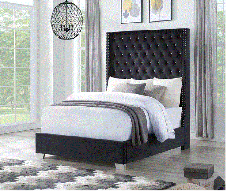 Aria King Upholstered Rhinestone Bedframe-Black 