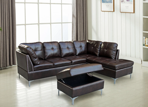 Bonded Leather Nailhead Sectional- brown